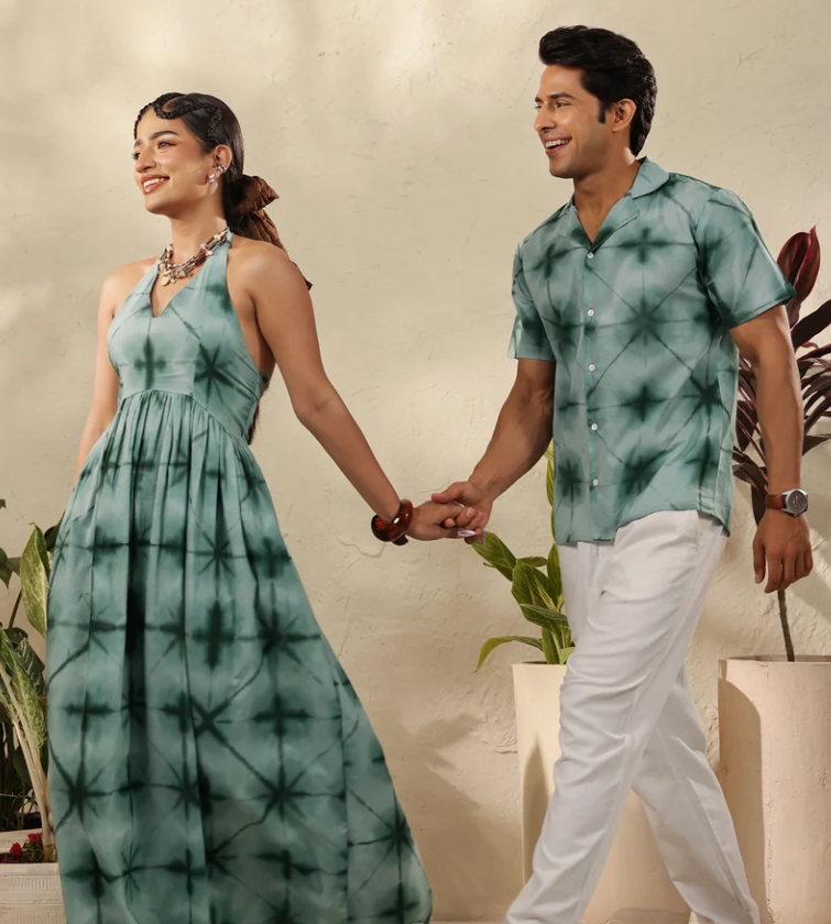 Matching Couple Outfit Set in Sage Green Tie-Dye