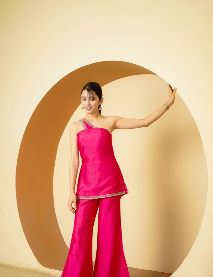Pink Silk Satin Short Kurta Palazzo Set