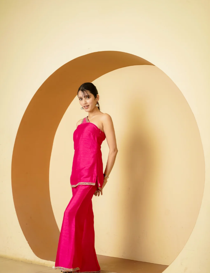 Pink Silk Satin Short Kurta Palazzo Set